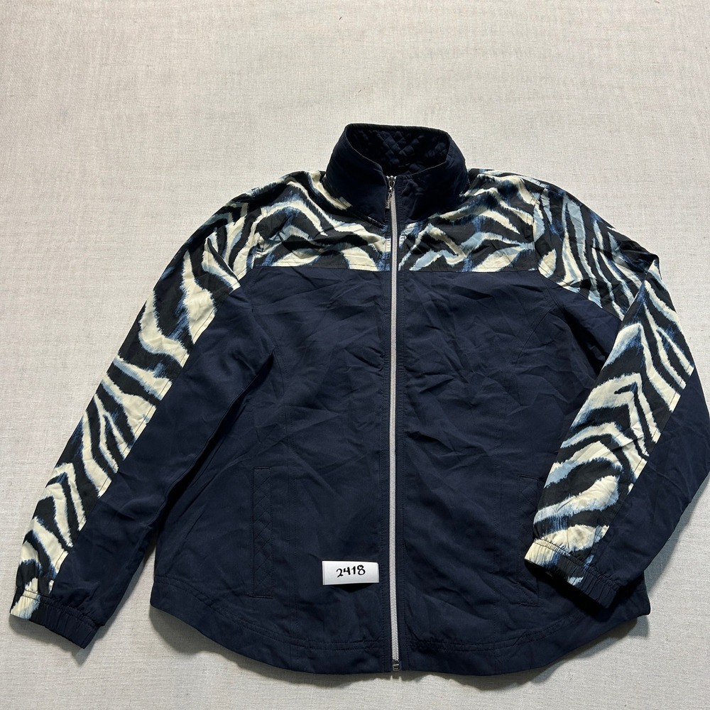 Threehearts Zebra Print Windbreaker Jacket Womens Medium Navy Blue